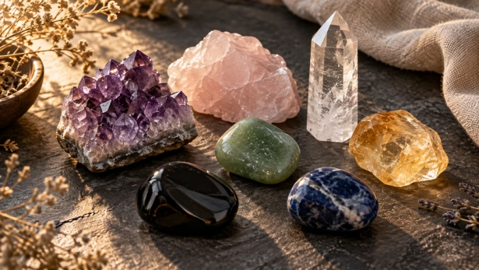 Verschiedene Heilsteine: Amethyst, Rosenquarz, Bergkristall, Citrin, Aventurin, Sodalith, Obsidian